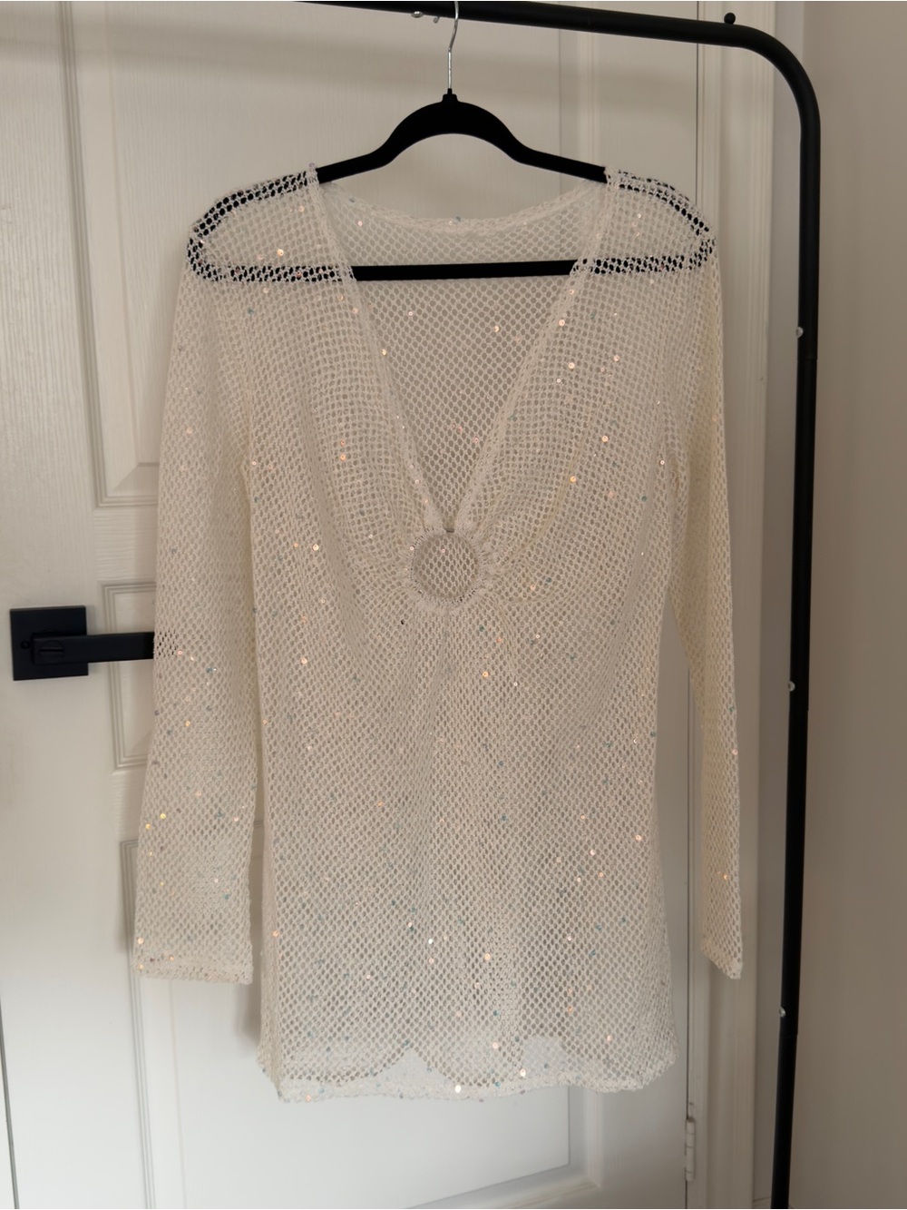 Fashion Nova Ivory Sequin Mesh Swim Coverup with Ring Detail